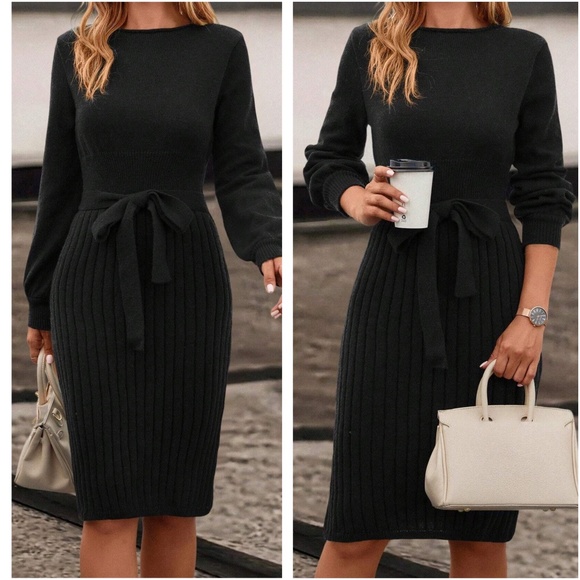 Classic Ribbed Belted Solid Sweater Dress - Picture 7 of 7
